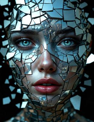 The primary subject of the image is a woman with a unique and artistic appearance. She has a face made of mirrors, giving her a distinct and intriguing look. The setting is a cityscape, with the woman's face reflecting the urban environment. The visual style is a combination of digital art and illustration, creating a striking and memorable image. The colors and mood of the image are predominantly dark and moody, with the woman's face and the cityscape serving as the main focal points.